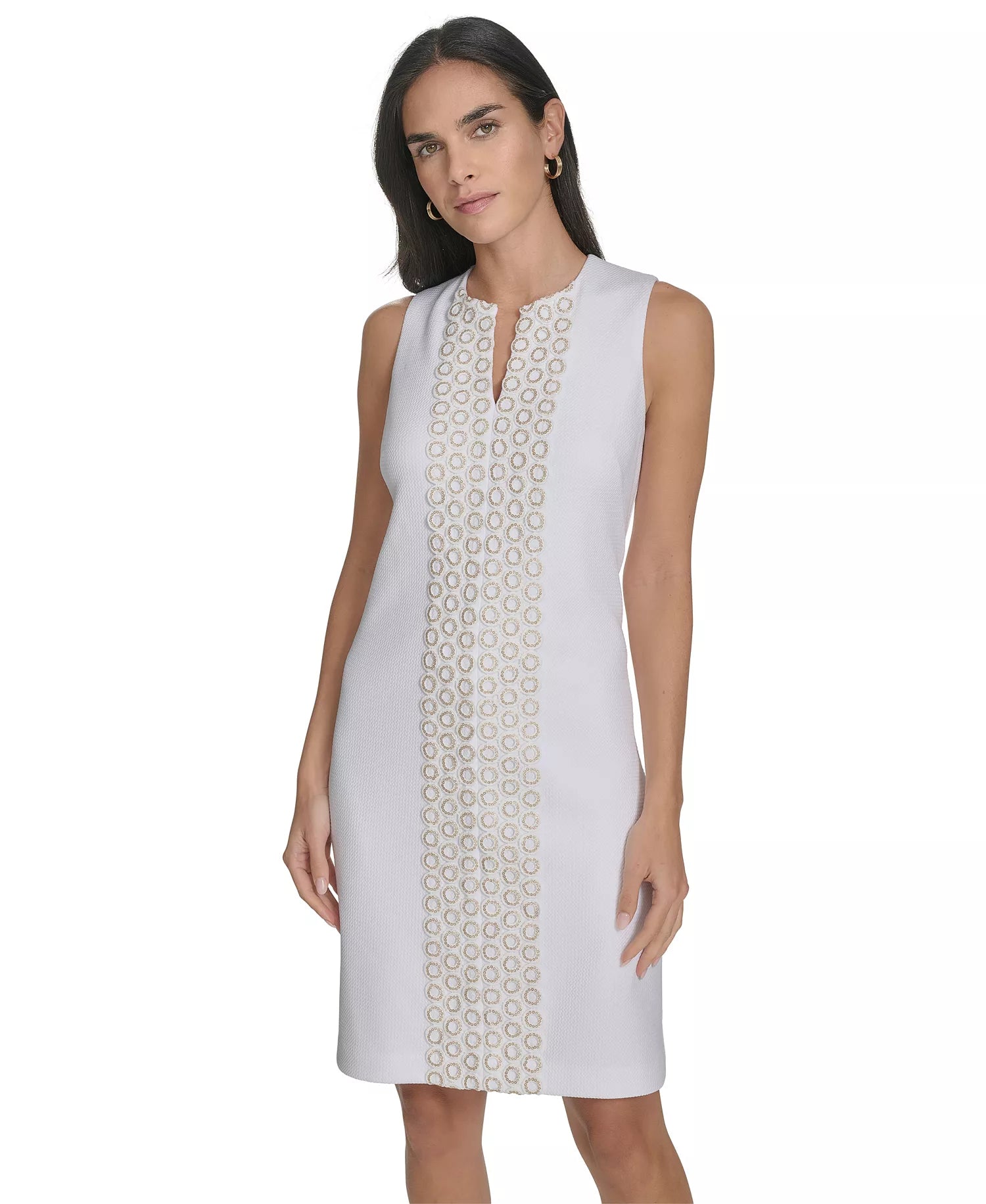 Jessica Howard Women's White & Gold Lace-Trim Split Neck Dress | Jessica Howard In Lebanon