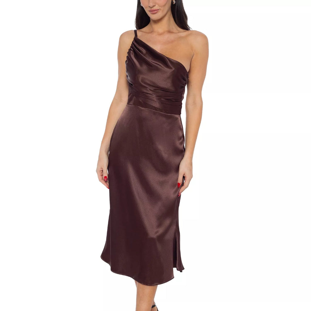 Jump Women's Brown Asymmetric-Neck One-Shoulder Satin Dress