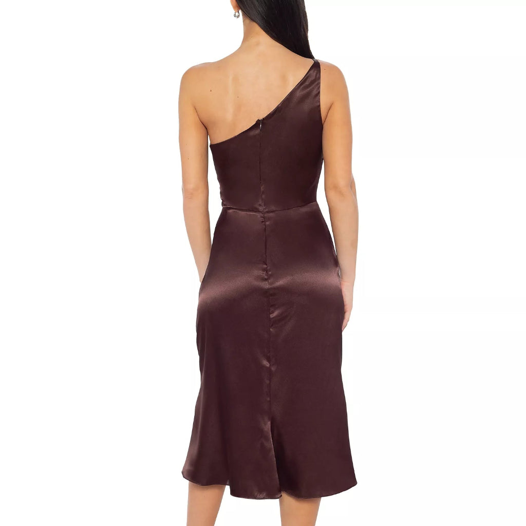 Jump Women's Brown Asymmetric-Neck One-Shoulder Satin Dress