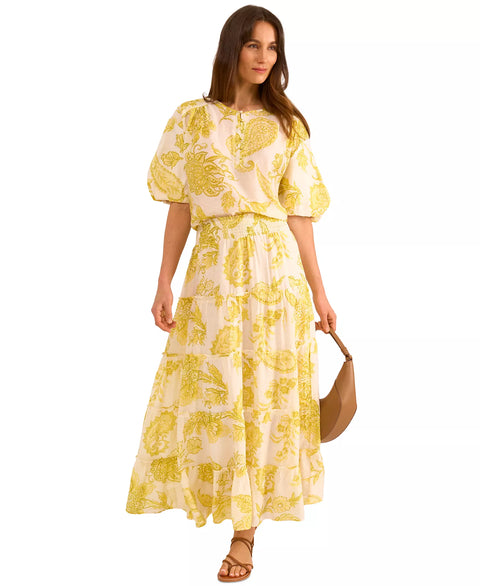 Vince Camuto Women's Yellow Printed Tiered Puffed Sleeve Blouse|Vince Camuto In Lebanon