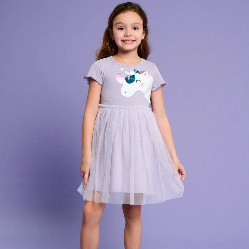 Sinsay Girl's Lilac Sequins Unicorn Printed Short Sleeve Dress