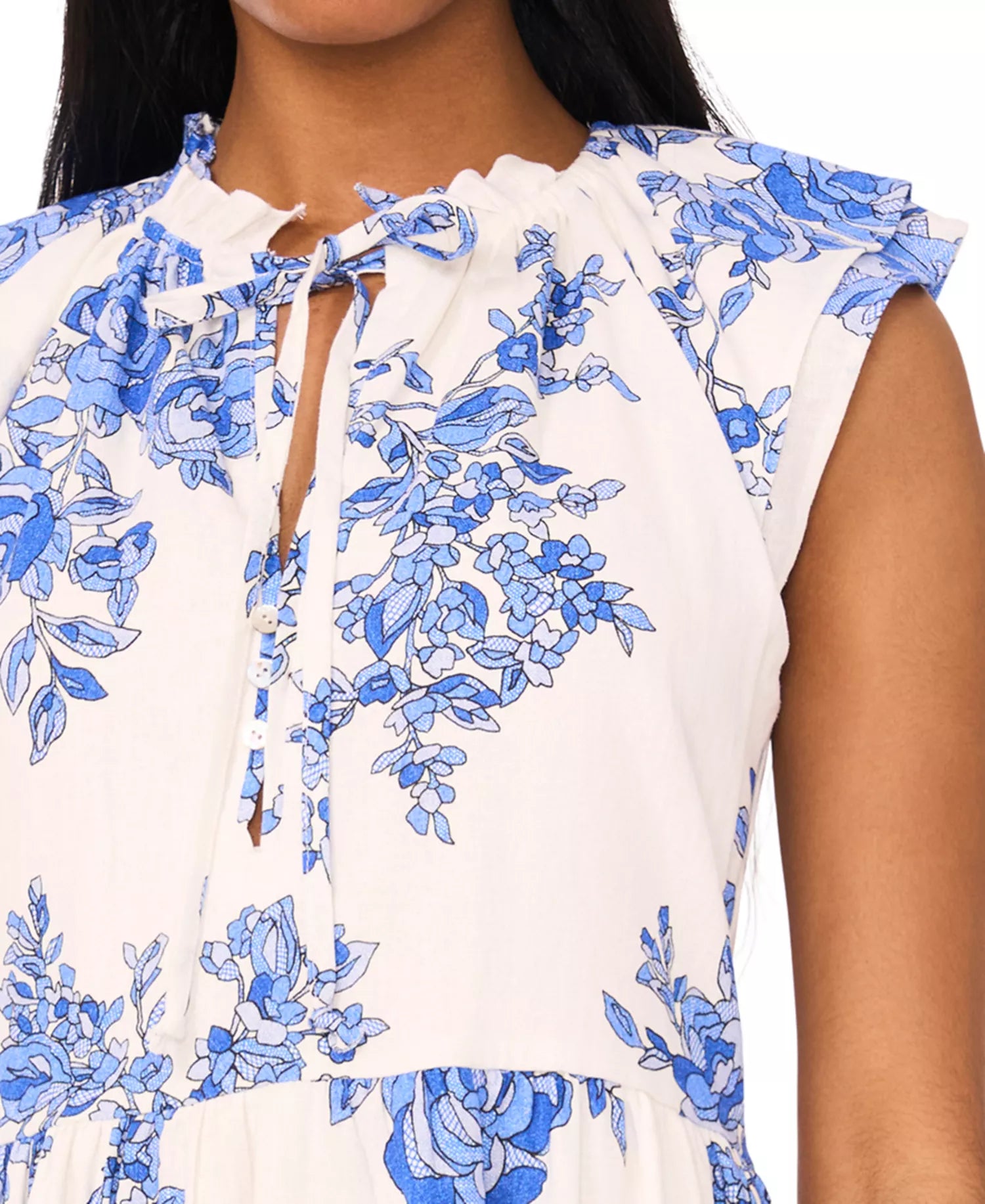 MSK Women's White & Blue Petite Printed Split-Neck Flutter-Sleeve Sheath Dress|MSK In Lebanon