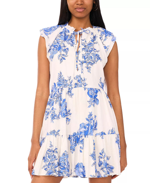 MSK Women's White & Blue Petite Printed Split-Neck Flutter-Sleeve Sheath Dress|MSK In Lebanon