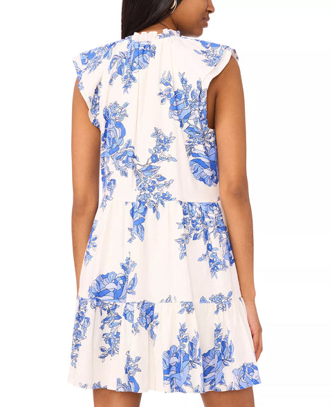 MSK Women's White & Blue Petite Printed Split-Neck Flutter-Sleeve Sheath Dress|MSK In Lebanon