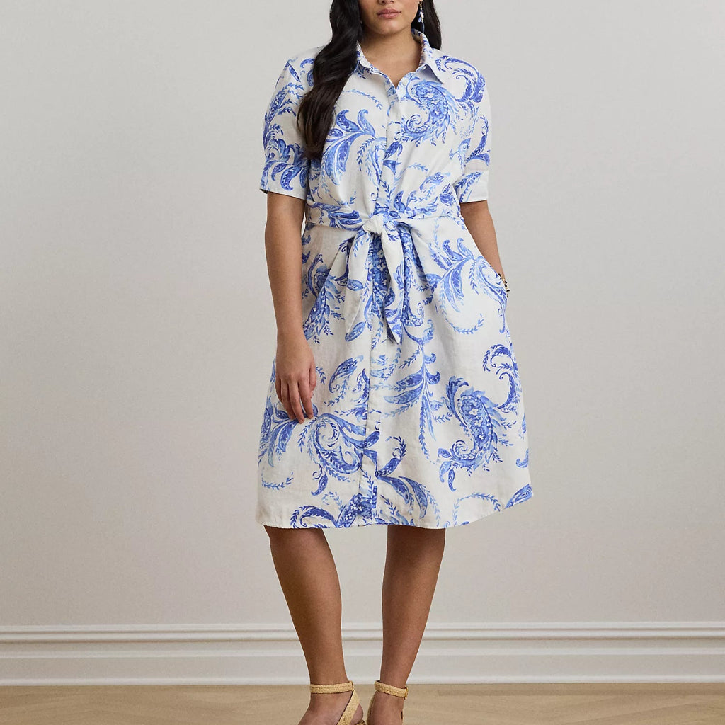 Lauren Ralph Lauren Women's White & Blue Plus Size Paisley Tie-Front Linen Shirtdress