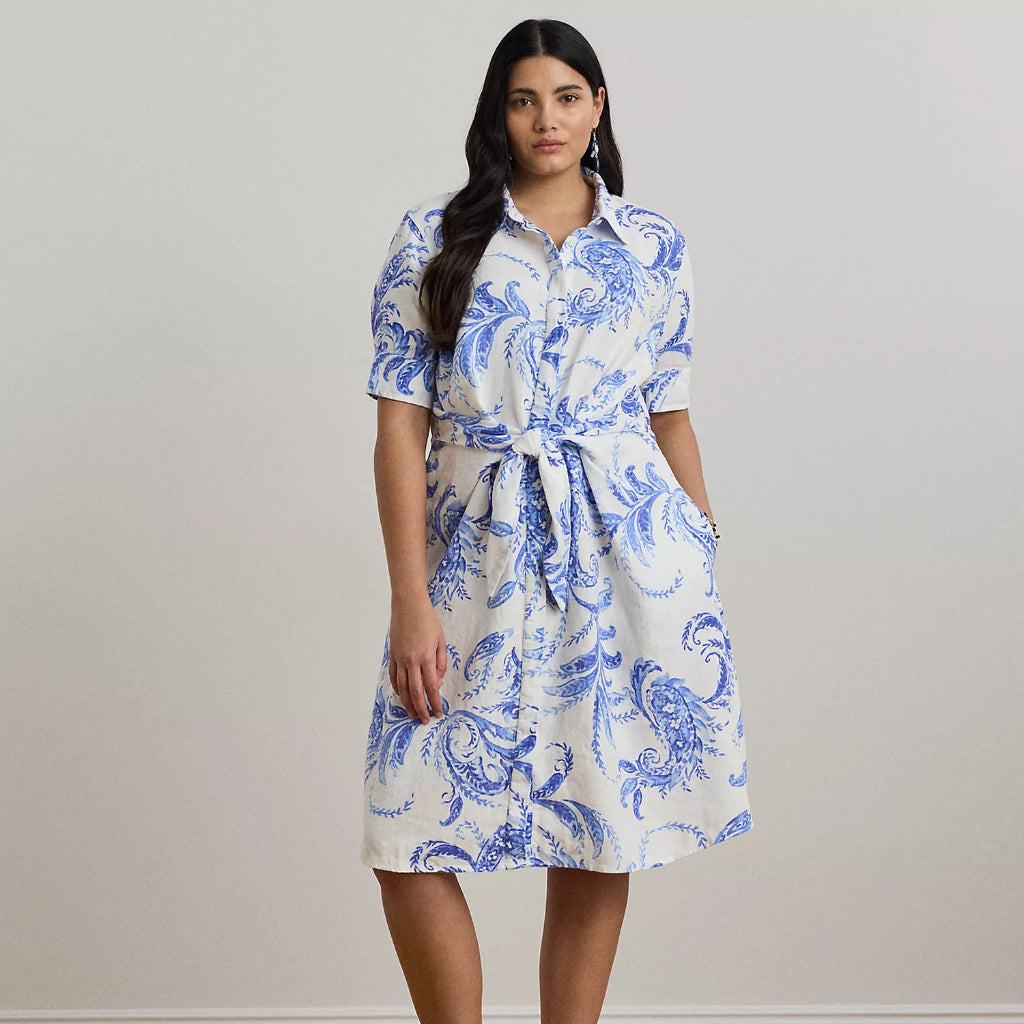 Lauren Ralph Lauren Women's White & Blue Plus Size Paisley Tie-Front Linen Shirtdress