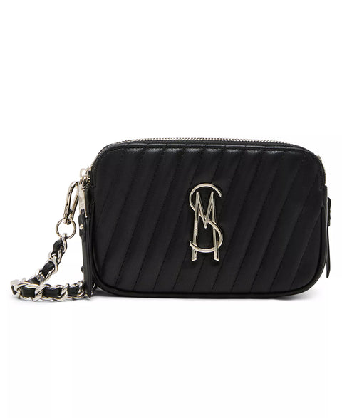 Black quilted handbag with a chain detail on a white background