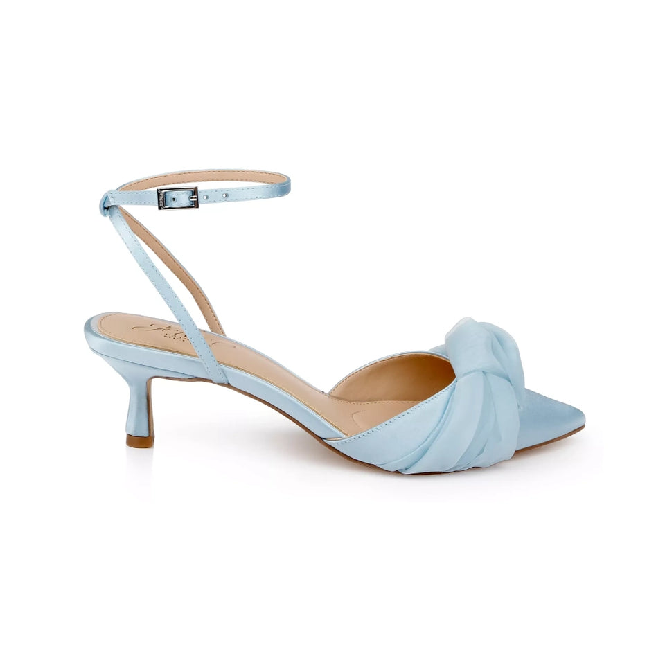 A light blue satin pointed-toe heeled sandal with an ankle strap and a knotted bow detail on the instep, shown against a plain white background.