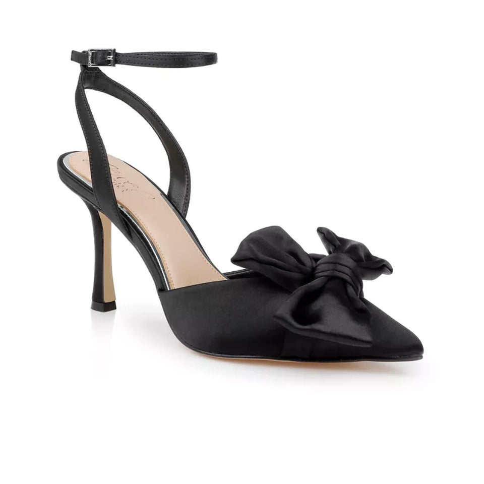 A single black satin pointed-toe high heel with an ankle strap and a large bow on the toe, shown on a clean white background.