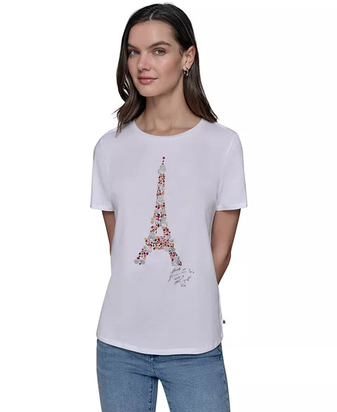 Karl Lagerfeld Paris Women's White Graphic Crewneck T-Shirt | Karl Lagerfeld Paris In Lebanon