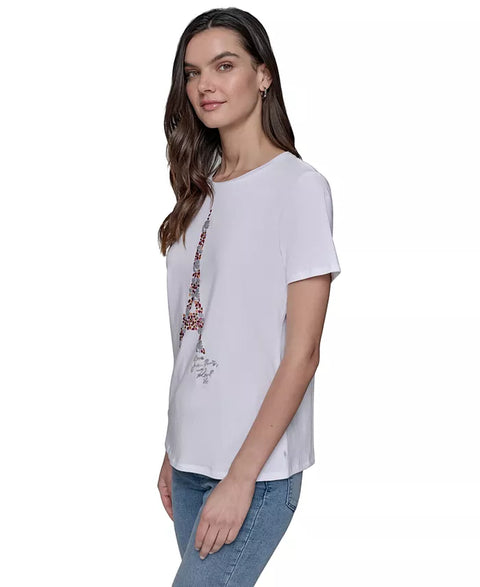 Karl Lagerfeld Paris Women's White Graphic Crewneck T-Shirt | Karl Lagerfeld Paris In Lebanon
