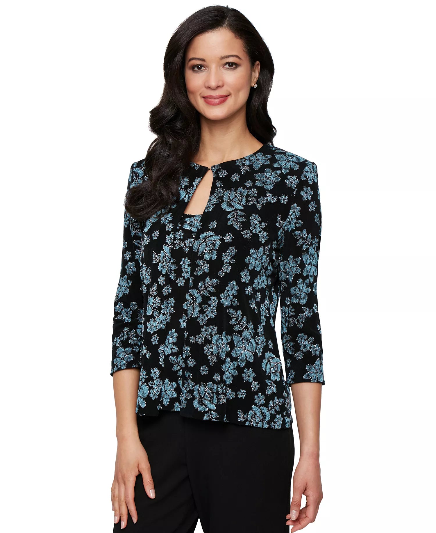Alex Evenings Women's Black/Aqua Petite 3/4-Sleeve Glitter Twinset | Alex Evenings In Lebanon