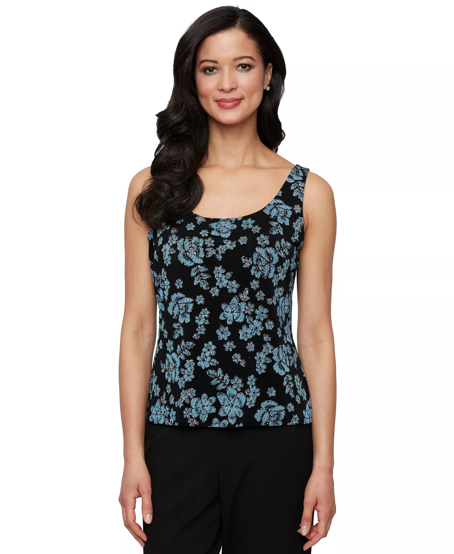 Alex Evenings Women's Black/Aqua Petite 3/4-Sleeve Glitter Twinset | Alex Evenings In Lebanon
