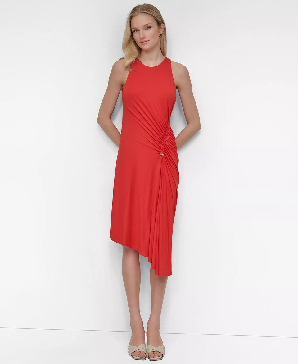 DKNY Women's Orange Jewel Neck Ruched-Front Sleeveless Dress|DKNY In Lebanon
