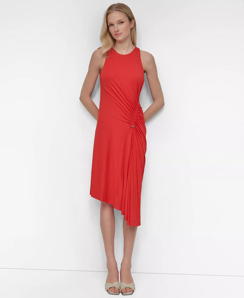 DKNY Women's Orange Jewel Neck Ruched-Front Sleeveless Dress|DKNY In Lebanon