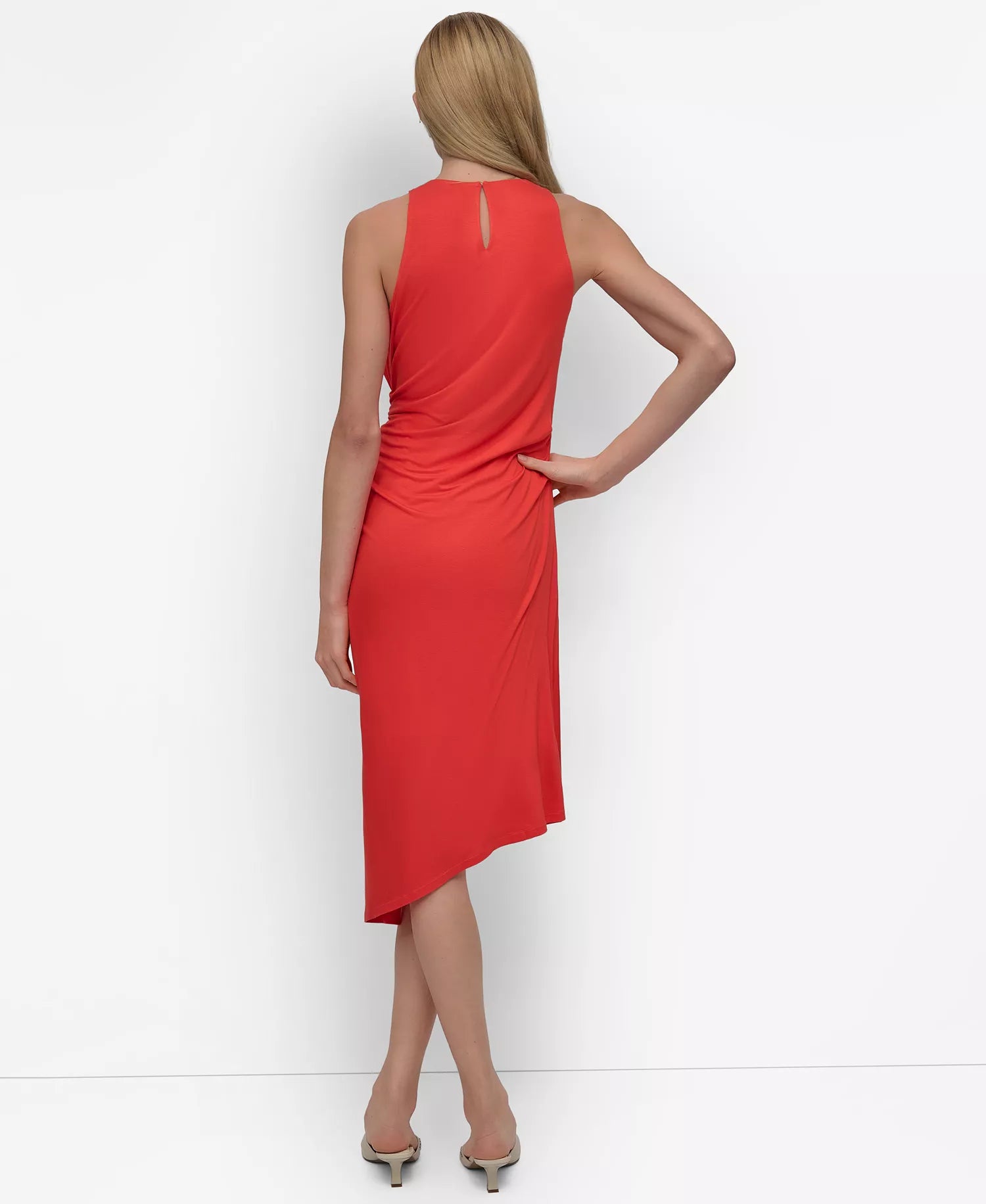 DKNY Women's Orange Jewel Neck Ruched-Front Sleeveless Dress|DKNY In Lebanon