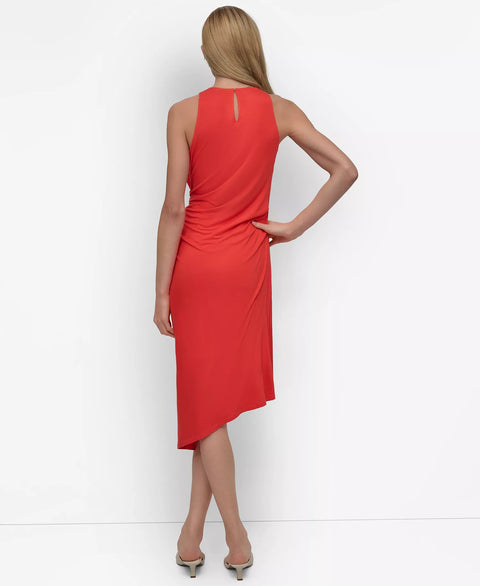 DKNY Women's Orange Jewel Neck Ruched-Front Sleeveless Dress|DKNY In Lebanon