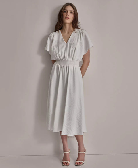 DKNY Women's White V-Neck Smocked-Waist Short-Sleeve Dress | DKNY In Lebanon