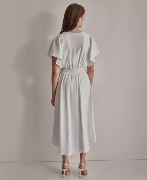 DKNY Women's White V-Neck Smocked-Waist Short-Sleeve Dress | DKNY In Lebanon
