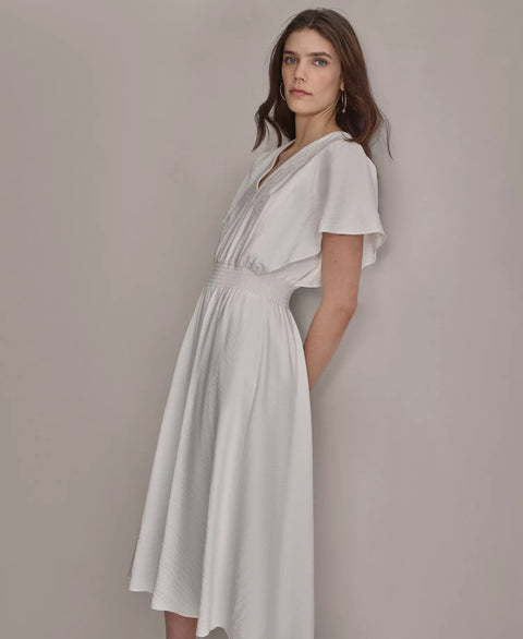 DKNY Women's White V-Neck Smocked-Waist Short-Sleeve Dress | DKNY In Lebanon