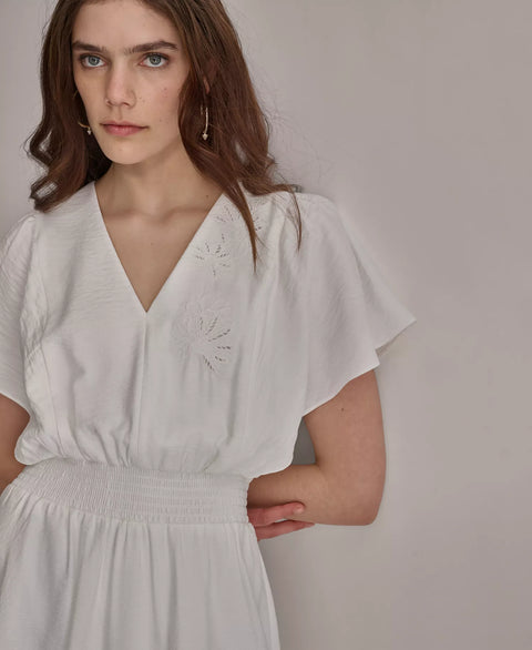 DKNY Women's White V-Neck Smocked-Waist Short-Sleeve Dress | DKNY In Lebanon