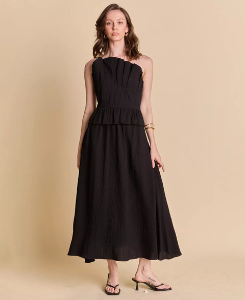 English Factory Women's Black Ruffled Strapless Midi Dress |  English Factory in Lebanon