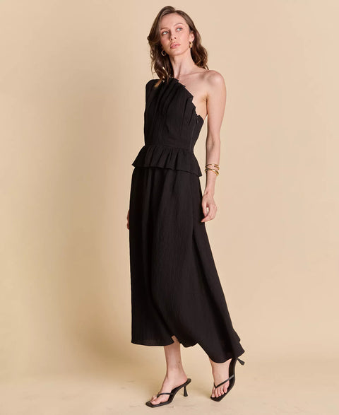 English Factory Women's Black Ruffled Strapless Midi Dress |  English Factory in Lebanon
