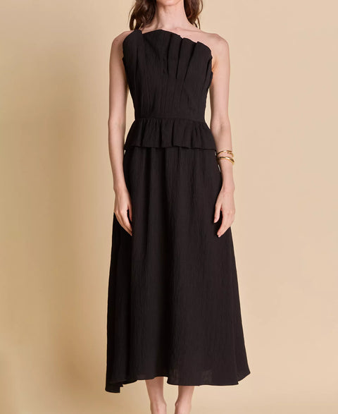 English Factory Women's Black Ruffled Strapless Midi Dress |  English Factory in Lebanon