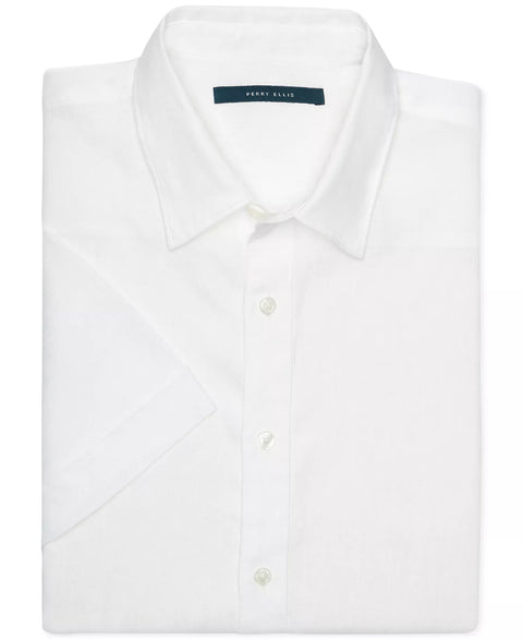 Perry Ellis Men's White Linen Short-Sleeve Button-Front Shirt|Perry Ellis In Lebanon