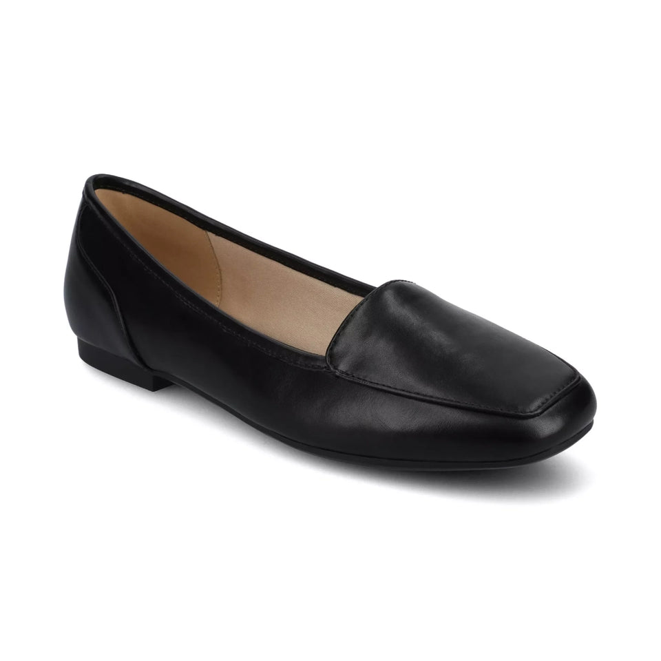 A single black leather flat shoe with a square toe, photographed from a three-quarters angle on a white background.