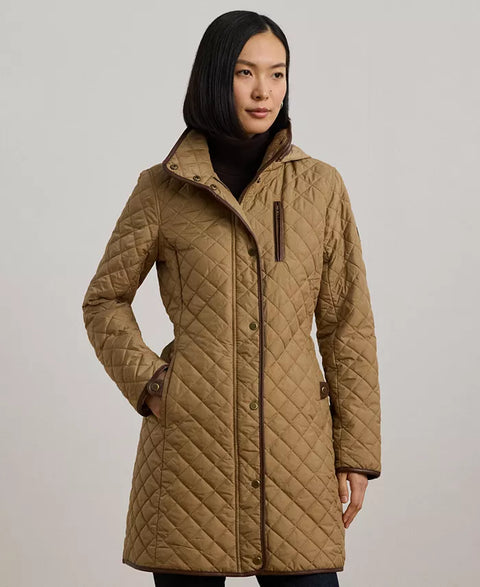 Lauren Ralph Lauren Women's Tan Petite Hooded Quilted Faux-Suede-Trim Coat |Lauren Ralph Lauren In Lebanon