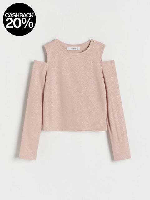 Pink long-sleeve top with cut-out shoulders on a light gray background