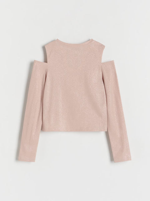 Pink long-sleeve top with cut-out shoulders on a white background