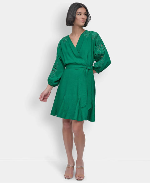 DKNY Women's Green Petite Faux-Wrap Embroidered-Sleeve Fit & Flare Dress | DKNY In Lebanon