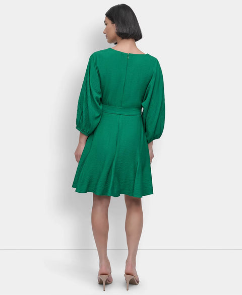 DKNY Women's Green Petite Faux-Wrap Embroidered-Sleeve Fit & Flare Dress | DKNY In Lebanon