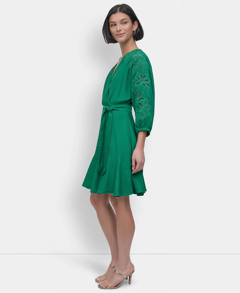 DKNY Women's Green Petite Faux-Wrap Embroidered-Sleeve Fit & Flare Dress | DKNY In Lebanon