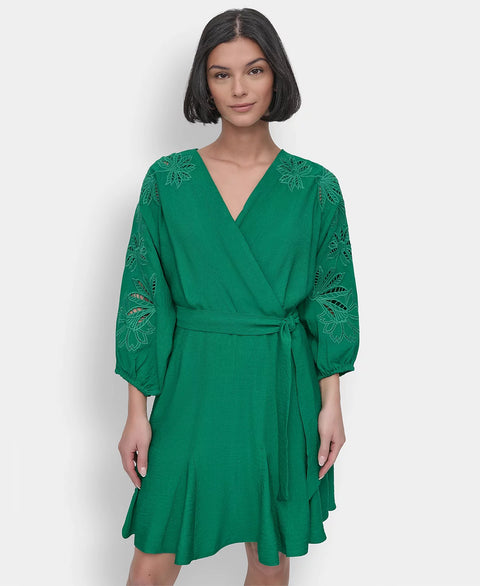 DKNY Women's Green Petite Faux-Wrap Embroidered-Sleeve Fit & Flare Dress | DKNY In Lebanon
