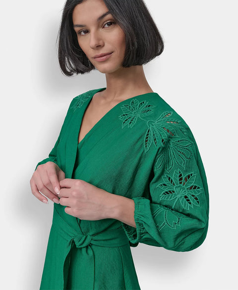 DKNY Women's Green Petite Faux-Wrap Embroidered-Sleeve Fit & Flare Dress | DKNY In Lebanon