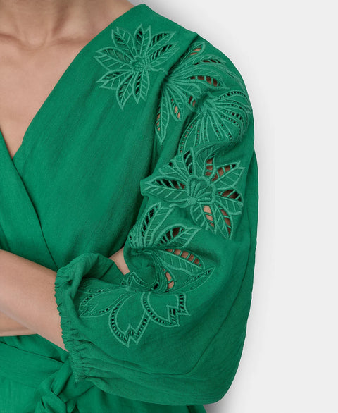 DKNY Women's Green Petite Faux-Wrap Embroidered-Sleeve Fit & Flare Dress | DKNY In Lebanon