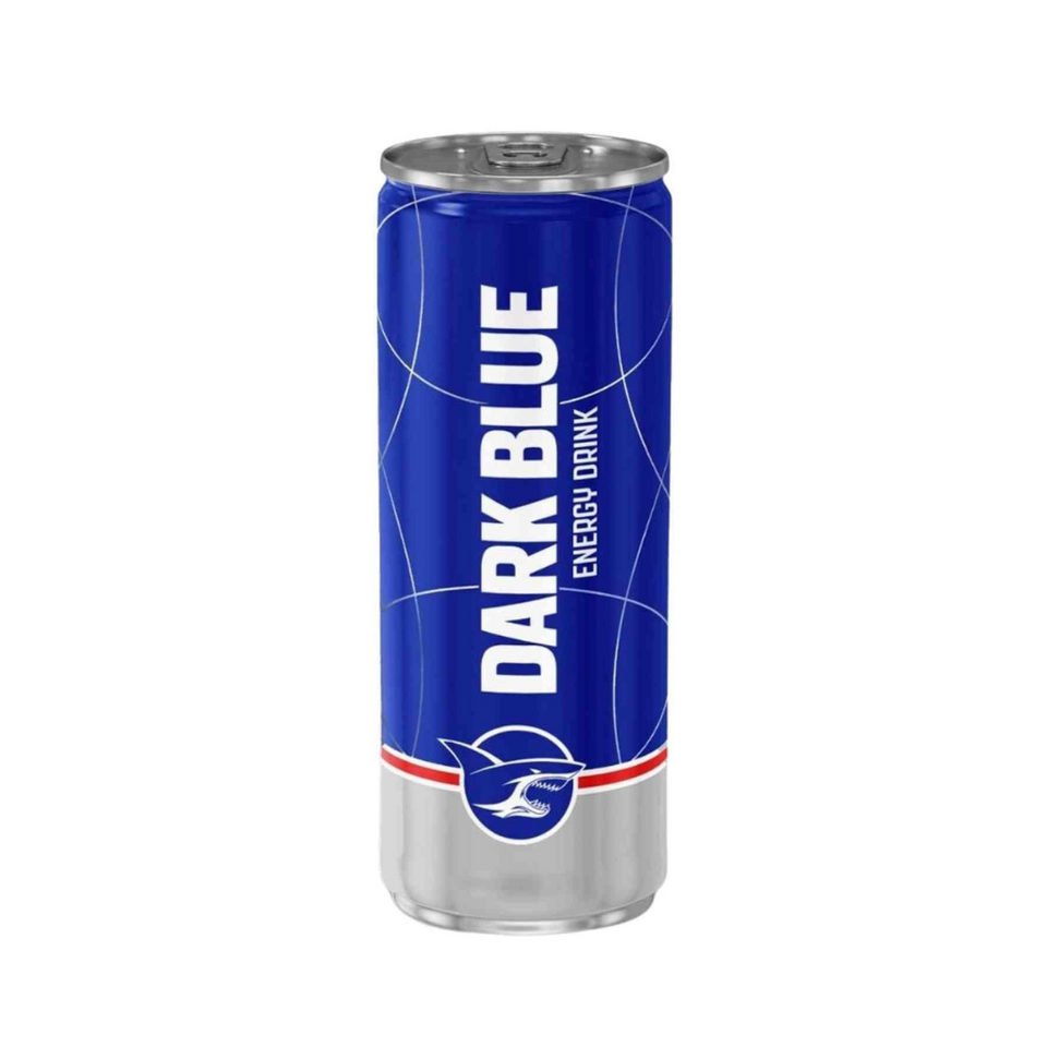 A can of Dark Blue energy drink with a predominantly blue color scheme and branding details.