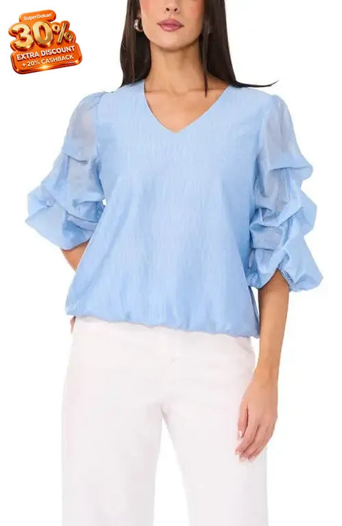 Vince Camuto Women's Light Blue Metallic Slub Bubble Sleeve Blouse | Vince Camuto In Lebanon