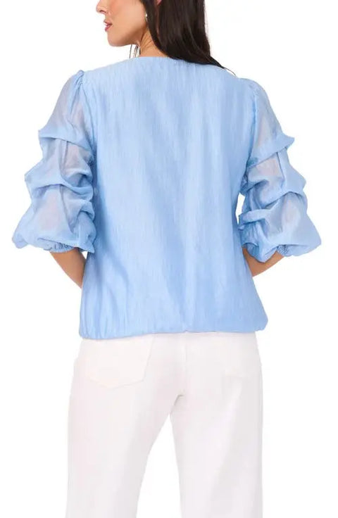 Vince Camuto Women's Light Blue Metallic Slub Bubble Sleeve Blouse | Vince Camuto In Lebanon