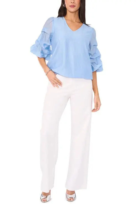 Vince Camuto Women's Light Blue Metallic Slub Bubble Sleeve Blouse | Vince Camuto In Lebanon