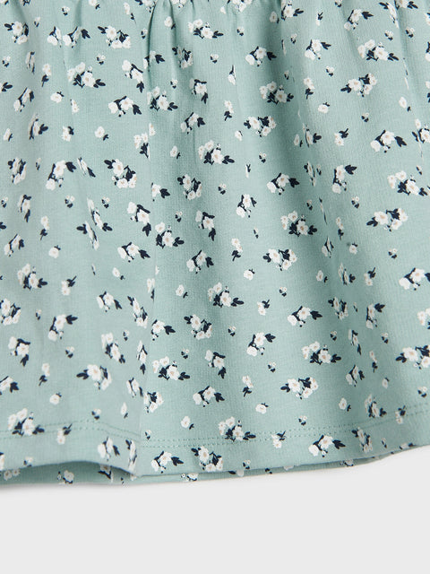 Close-up of a light blue fabric with small white floral patterns