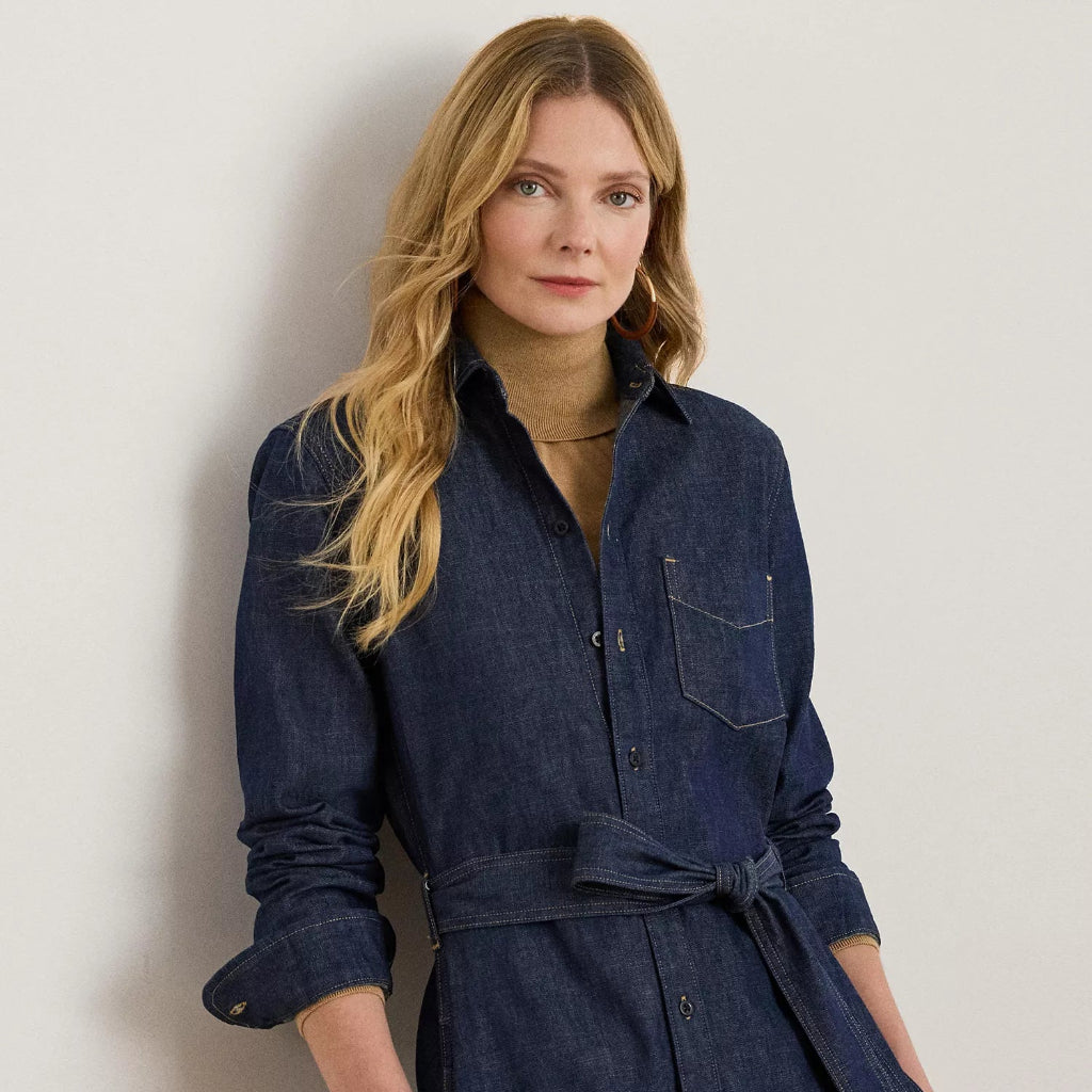 Lauren Ralph Lauren Women's Navy Belted Denim Shirtdress