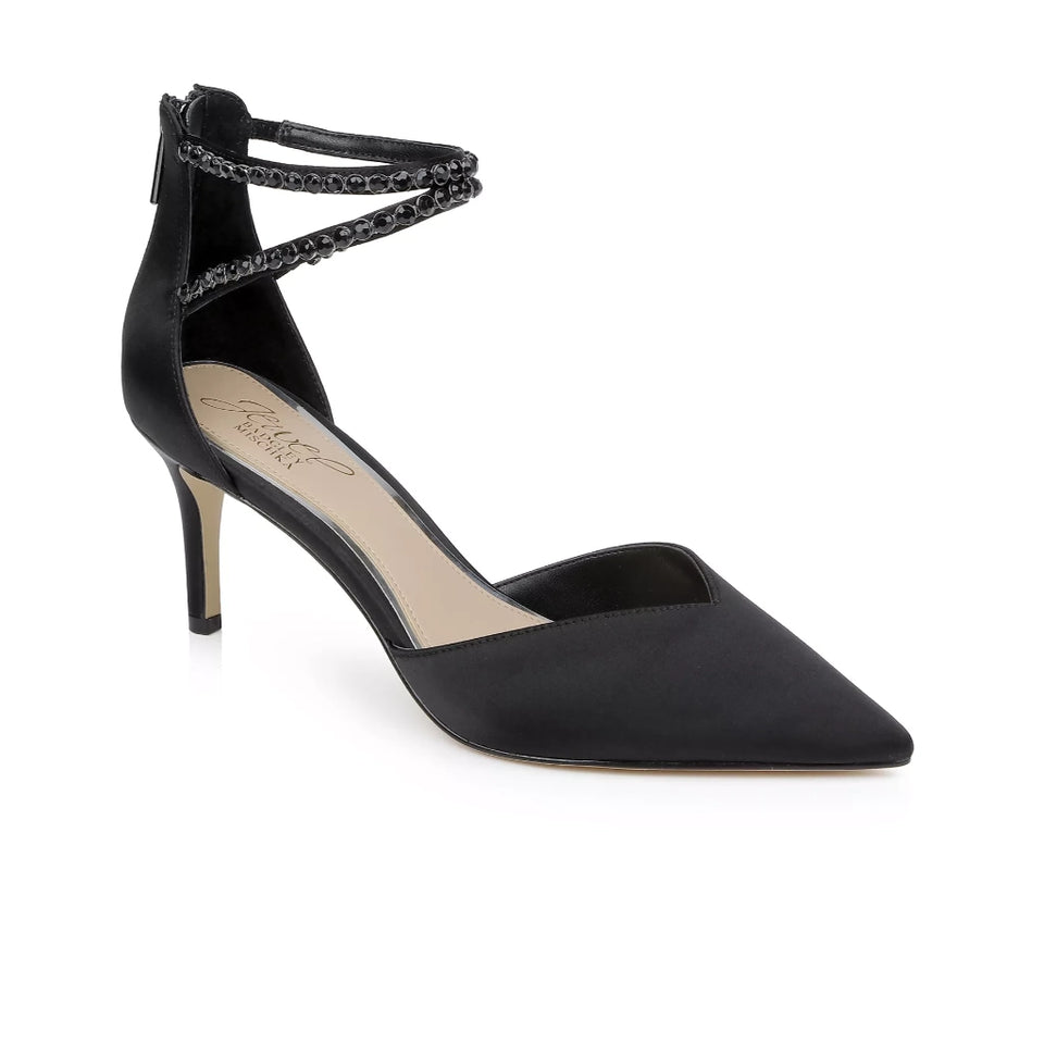 A black satin pointed-toe high heel pump with an ankle strap embellished with dark rhinestones, shown from a side profile on a white background.