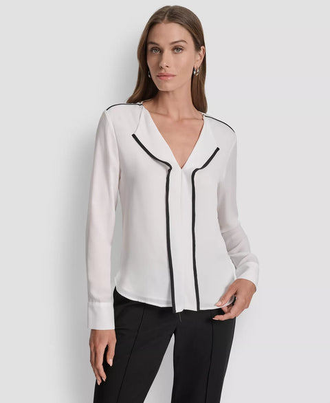 DKNY Women's White Long Sleeve V-Neck Blouse | DKNY In Lebanon