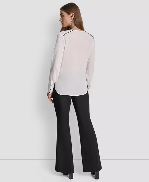 DKNY Women's White Long Sleeve V-Neck Blouse | DKNY In Lebanon