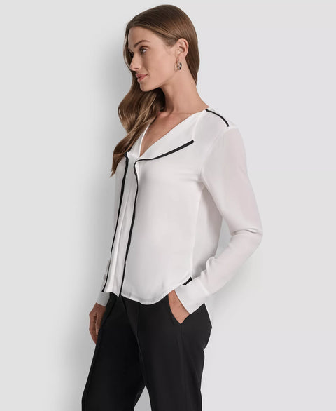 DKNY Women's White Long Sleeve V-Neck Blouse | DKNY In Lebanon