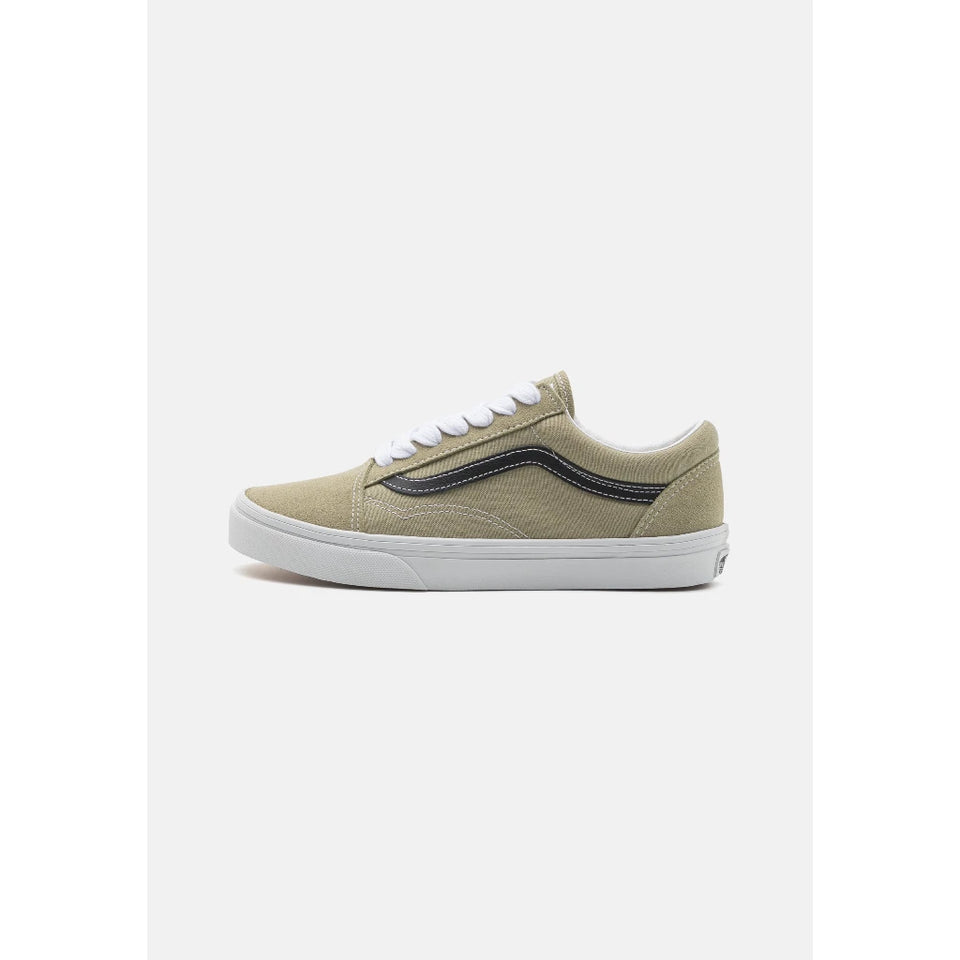A single Vans Old Skool sneaker in a light khaki canvas with white laces, a dark navy side stripe, and a white rubber sole, shown against a light gray background.
